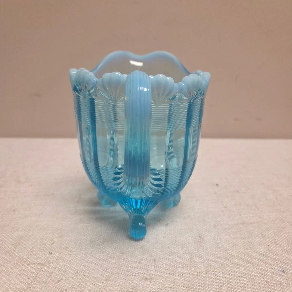 Northwood Blue Opalescent Chrysanthemum Base Swirl Glass Footed Creamer Pitcher